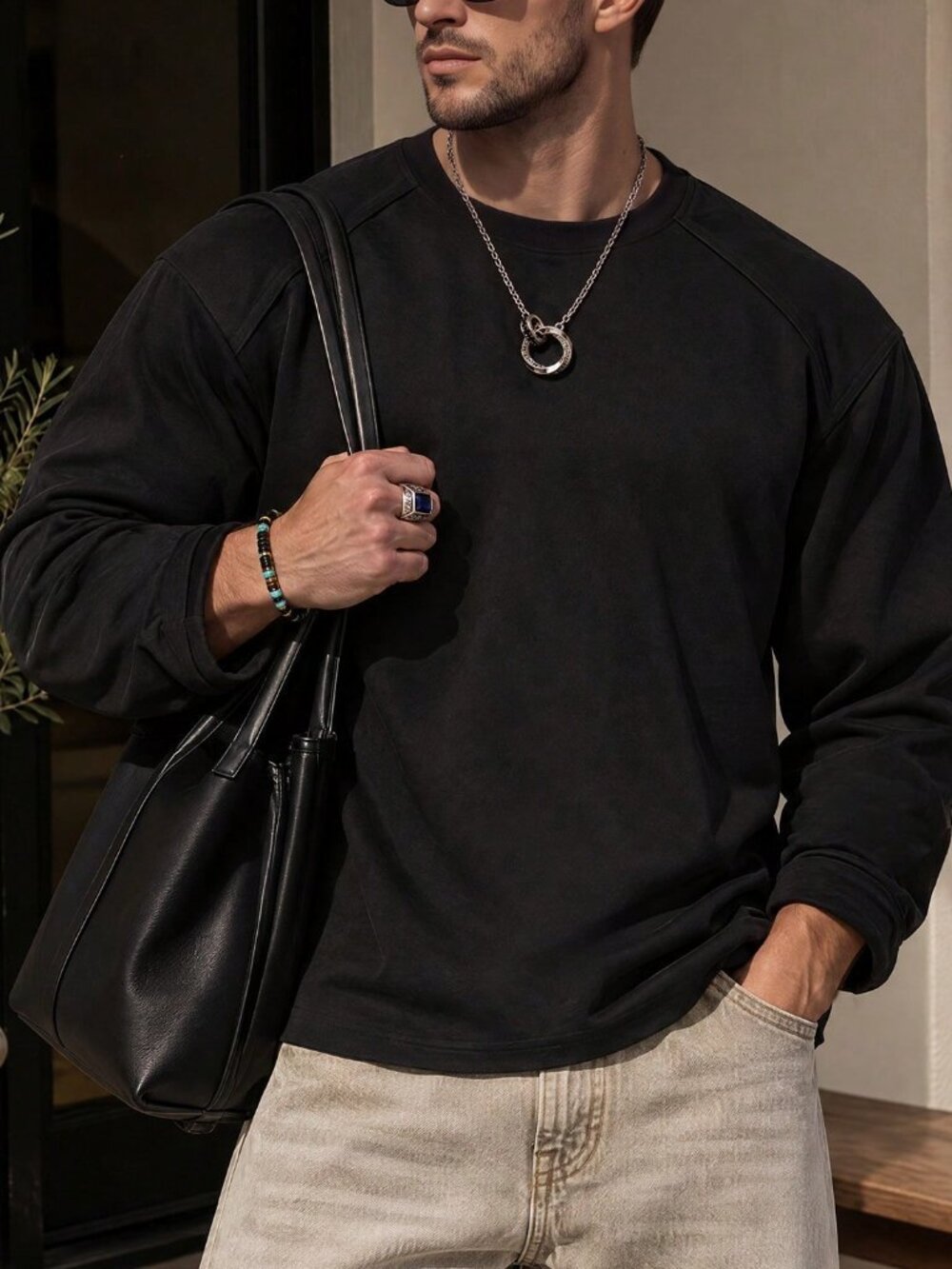 Black Casual Men's Drop Shoulder Plain Round Neck Long Sleeve T-Shirt